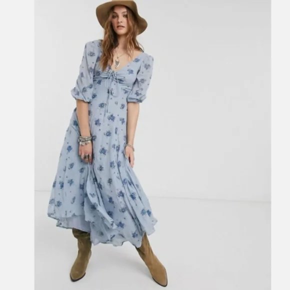 Free People Sea Glass Floral Puff Sleeve Midi Dress Blue Combo Sz 4 (S/M) - Picture 3 of 10